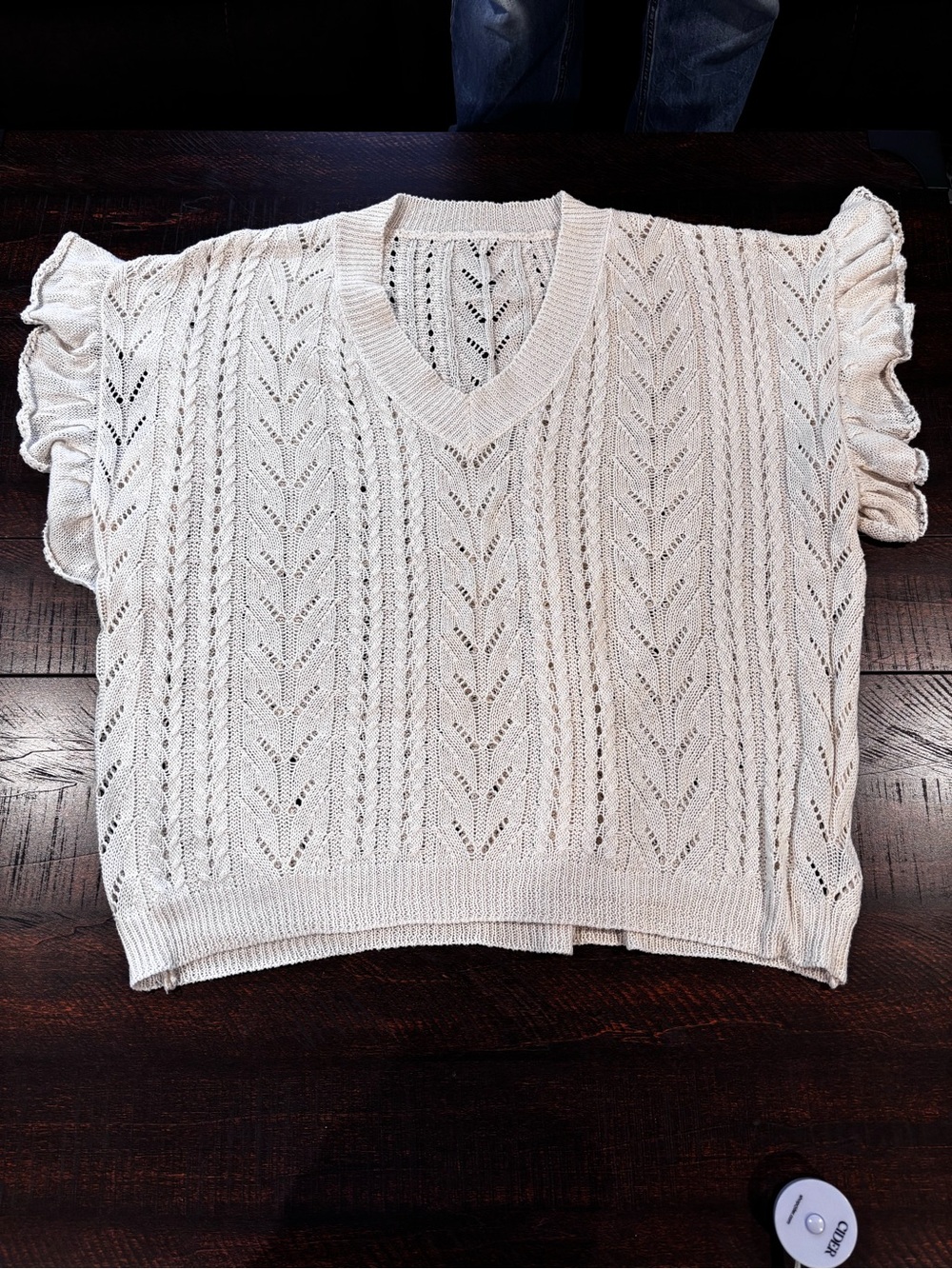 SHEIN Cream Openwork Knit V‑Neck Sweater Top